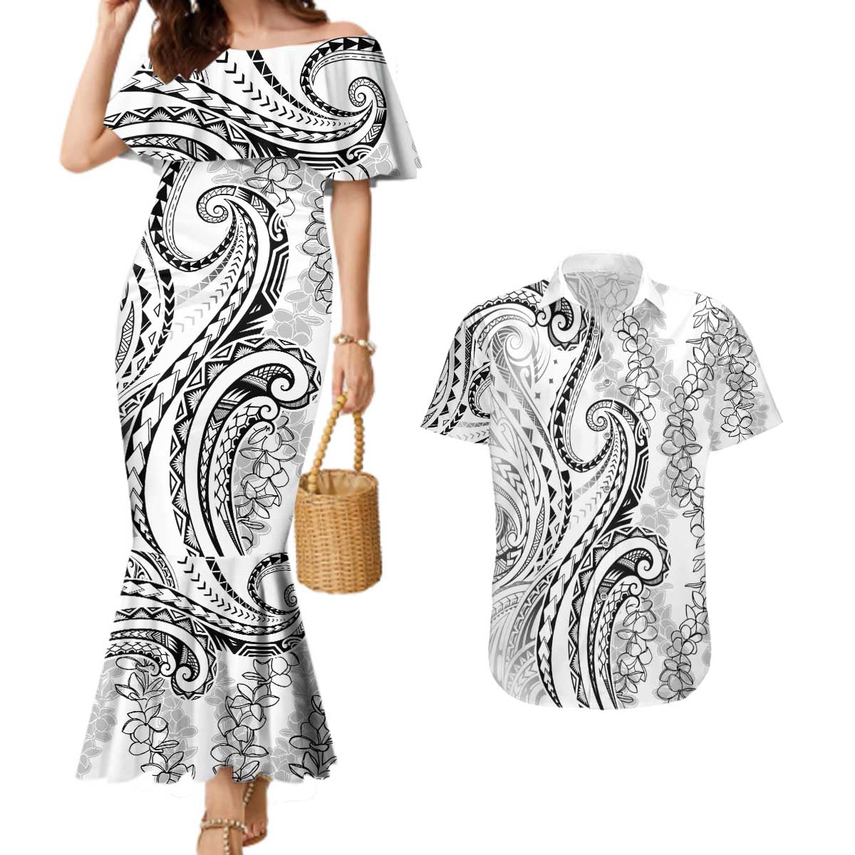Polynesia Plumeria Lei Couples Matching Mermaid Dress and Hawaiian Shirt White Curves Motif LT7 White - Polynesian Pride