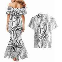Polynesia Plumeria Lei Couples Matching Mermaid Dress and Hawaiian Shirt White Curves Motif LT7 - Polynesian Pride