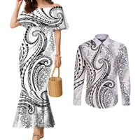 Polynesia Plumeria Lei Couples Matching Mermaid Dress and Long Sleeve Button Shirt White Curves Motif