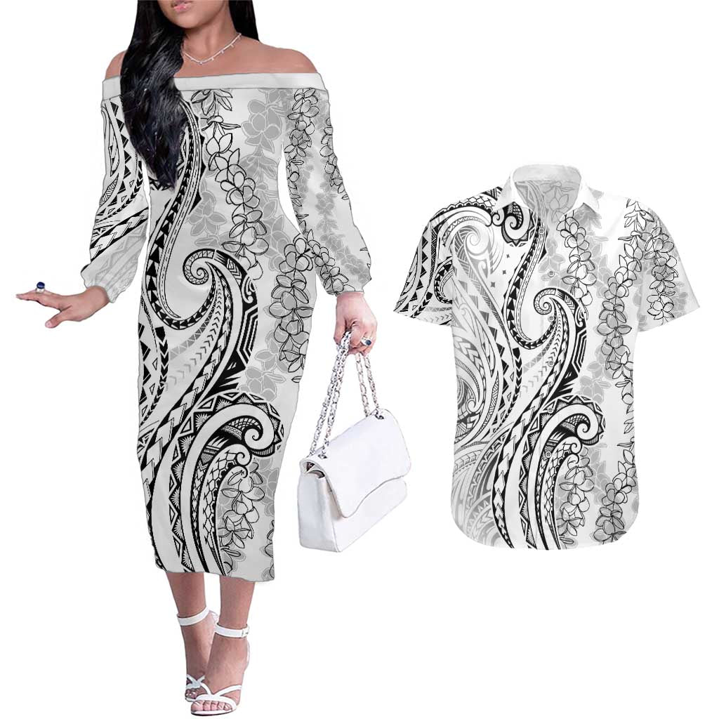 Polynesia Plumeria Lei Couples Matching Off The Shoulder Long Sleeve Dress and Hawaiian Shirt White Curves Motif LT7 White - Polynesian Pride