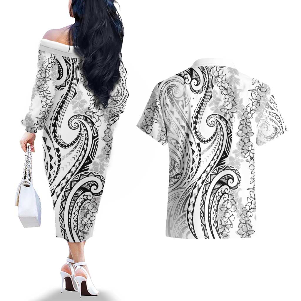 Polynesia Plumeria Lei Couples Matching Off The Shoulder Long Sleeve Dress and Hawaiian Shirt White Curves Motif LT7 - Polynesian Pride