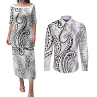 Polynesia Plumeria Lei Couples Matching Puletasi and Long Sleeve Button Shirt White Curves Motif