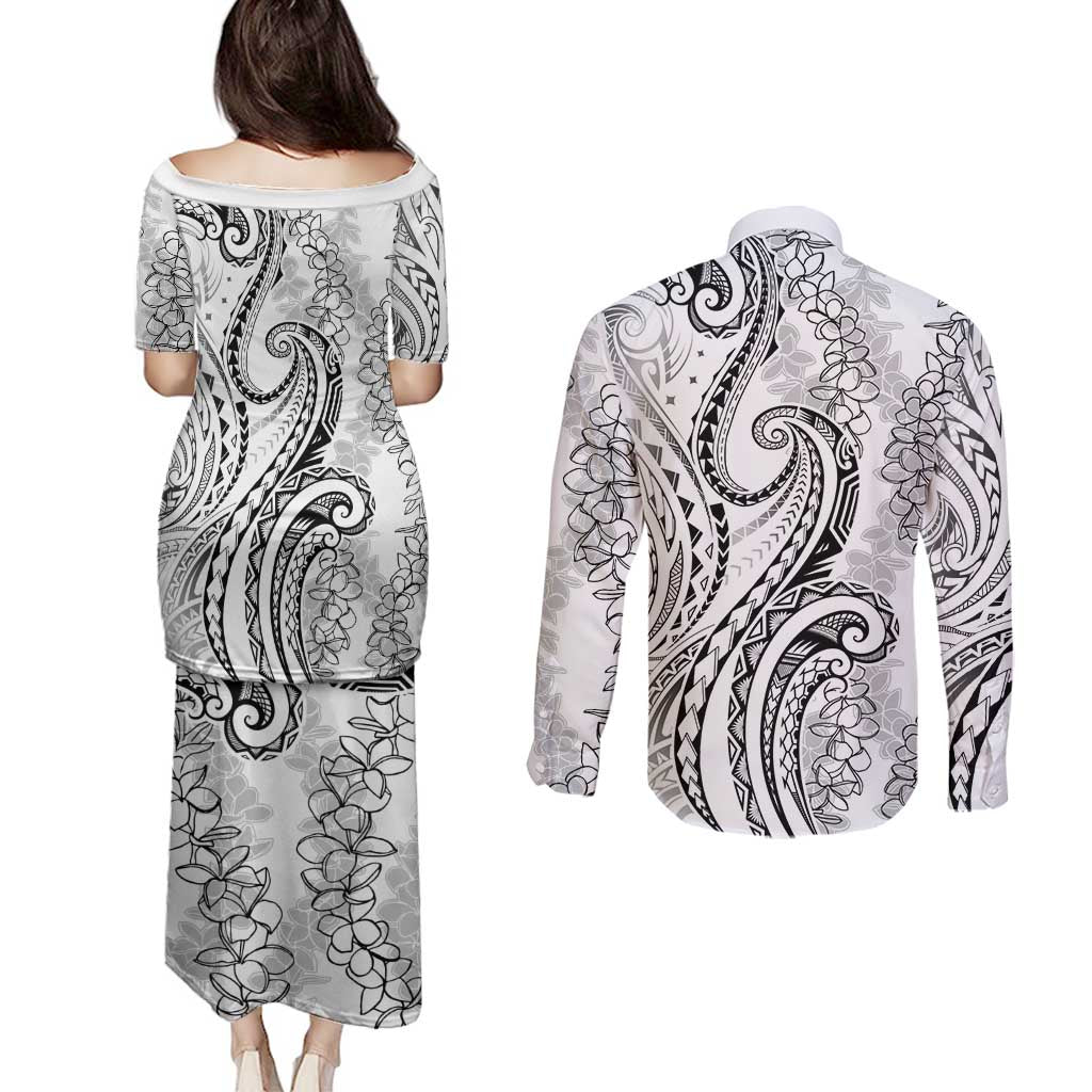 Polynesia Plumeria Lei Couples Matching Puletasi and Long Sleeve Button Shirt White Curves Motif