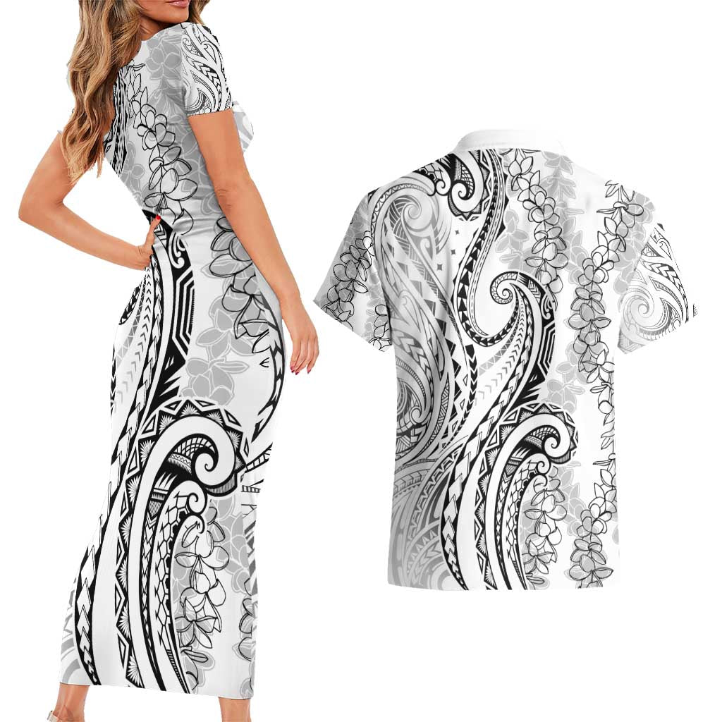 Polynesia Plumeria Lei Couples Matching Short Sleeve Bodycon Dress and Hawaiian Shirt White Curves Motif LT7 - Polynesian Pride