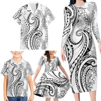 Polynesia Plumeria Lei Family Matching Long Sleeve Bodycon Dress and Hawaiian Shirt White Curves Motif LT7 - Polynesian Pride
