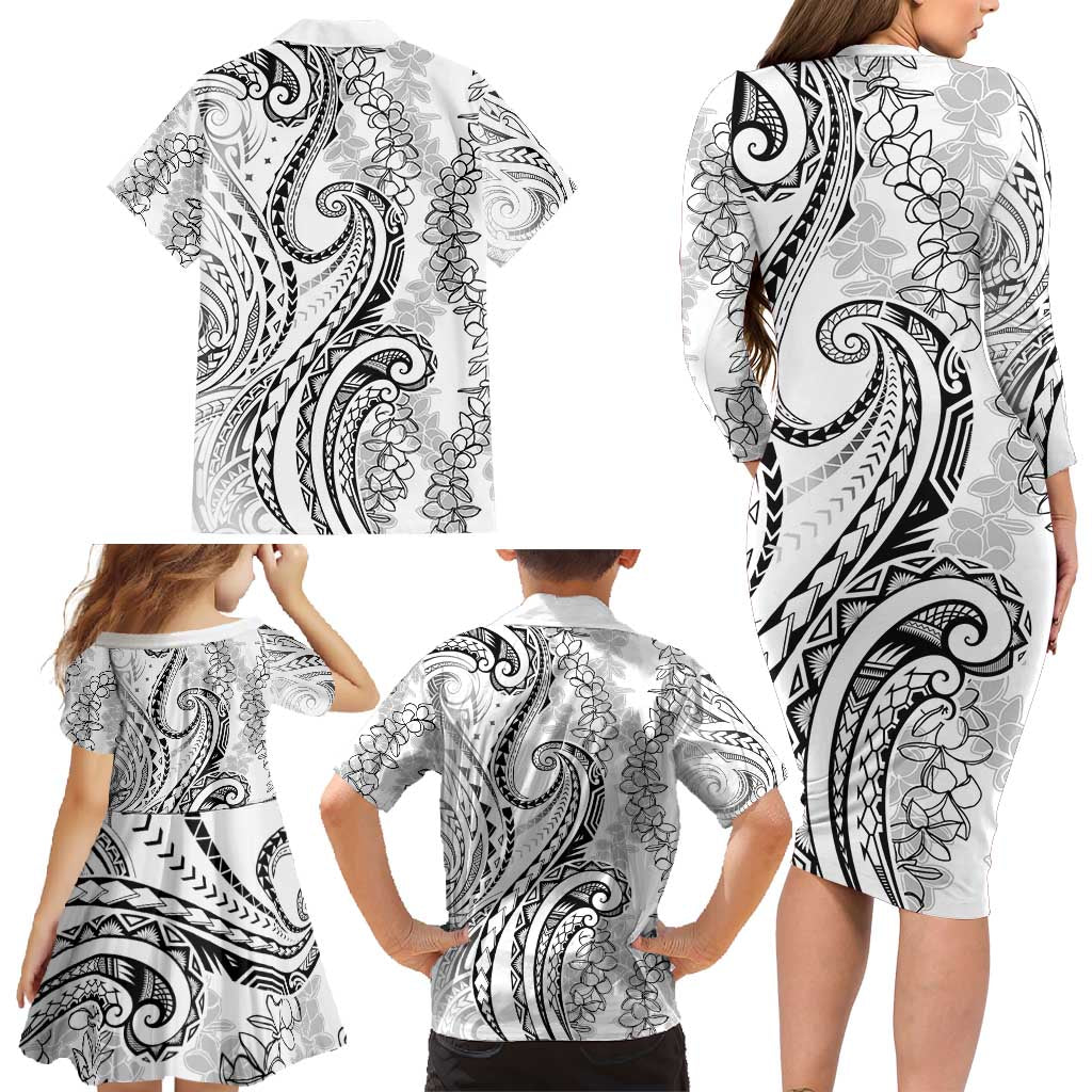 Polynesia Plumeria Lei Family Matching Long Sleeve Bodycon Dress and Hawaiian Shirt White Curves Motif LT7 - Polynesian Pride
