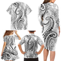 Polynesia Plumeria Lei Family Matching Long Sleeve Bodycon Dress and Hawaiian Shirt White Curves Motif LT7 - Polynesian Pride