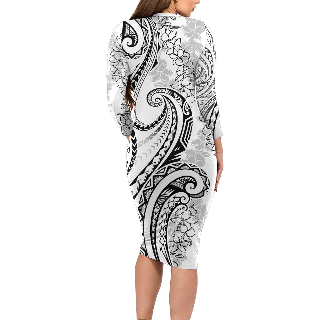 Polynesia Plumeria Lei Family Matching Long Sleeve Bodycon Dress and Hawaiian Shirt White Curves Motif LT7 - Polynesian Pride