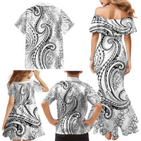 Polynesia Plumeria Lei Family Matching Mermaid Dress and Hawaiian Shirt White Curves Motif LT7 - Polynesian Pride