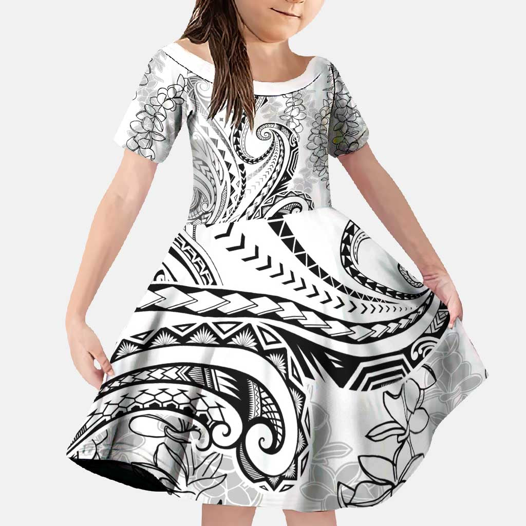 Polynesia Plumeria Lei Family Matching Off Shoulder Maxi Dress and Hawaiian Shirt White Curves Motif LT7 Daughter's Dress White - Polynesian Pride