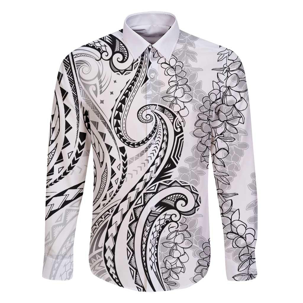 Polynesia Plumeria Lei Family Matching Off Shoulder Maxi Dress and Hawaiian Shirt White Curves Motif LT7 Dad's Shirt - Long Sleeve White - Polynesian Pride