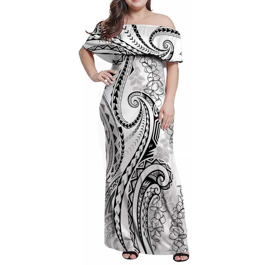 Polynesia Plumeria Lei Family Matching Off Shoulder Maxi Dress and Hawaiian Shirt White Curves Motif LT7 Mom's Dress White - Polynesian Pride