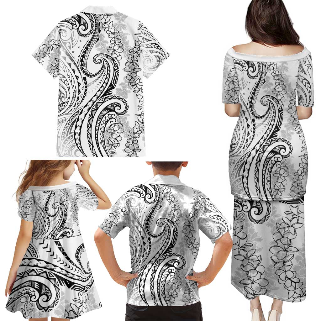 Polynesia Plumeria Lei Family Matching Puletasi and Hawaiian Shirt White Curves Motif LT7 - Polynesian Pride