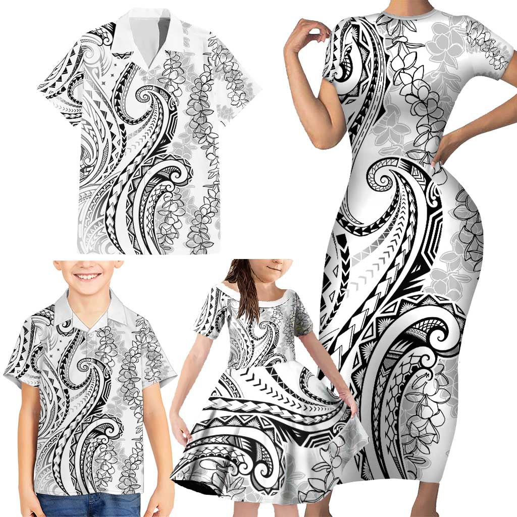 Polynesia Plumeria Lei Family Matching Short Sleeve Bodycon Dress and Hawaiian Shirt White Curves Motif LT7 - Polynesian Pride