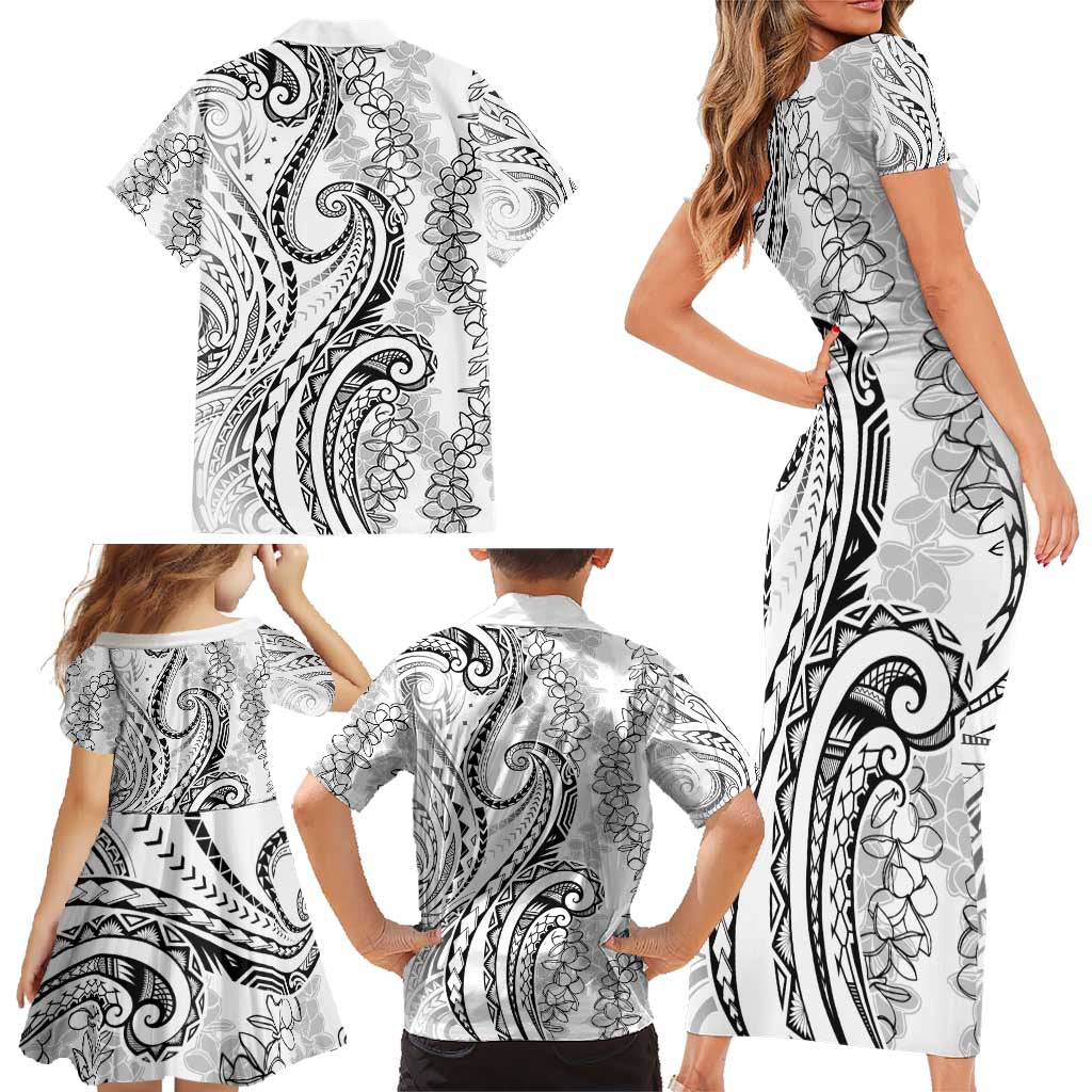Polynesia Plumeria Lei Family Matching Short Sleeve Bodycon Dress and Hawaiian Shirt White Curves Motif LT7 - Polynesian Pride