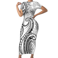 Polynesia Plumeria Lei Family Matching Short Sleeve Bodycon Dress and Hawaiian Shirt White Curves Motif LT7 Mom's Dress White - Polynesian Pride