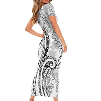 Polynesia Plumeria Lei Family Matching Short Sleeve Bodycon Dress and Hawaiian Shirt White Curves Motif LT7 - Polynesian Pride