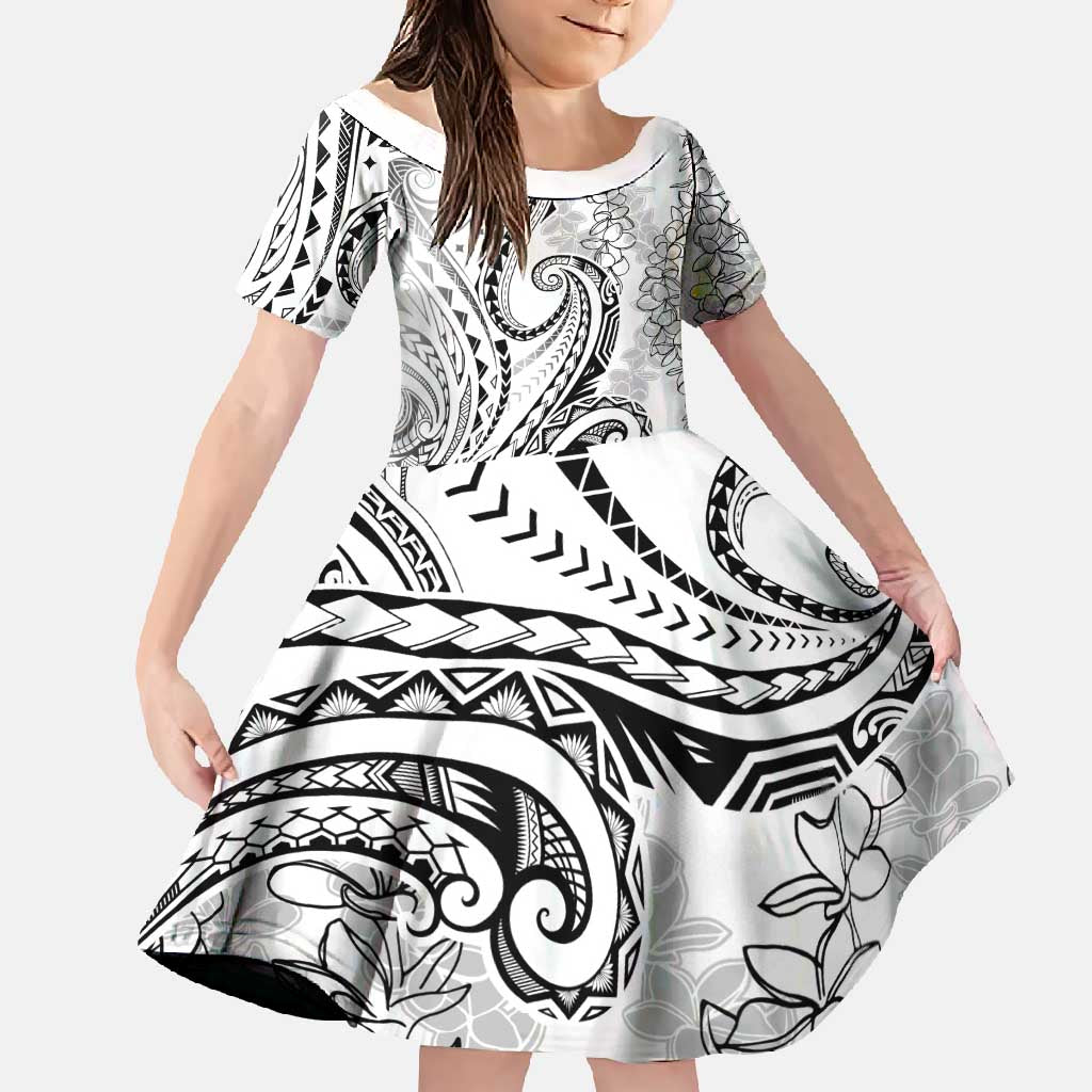 Polynesia Plumeria Lei Family Matching Summer Maxi Dress and Hawaiian Shirt White Curves Motif LT7 Daughter's Dress White - Polynesian Pride