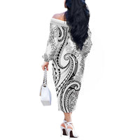 Polynesia Plumeria Lei Off The Shoulder Long Sleeve Dress White Curves Motif LT7 - Polynesian Pride