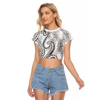Polynesia Plumeria Lei Raglan Cropped T Shirt White Curves Motif LT7 Female White - Polynesian Pride