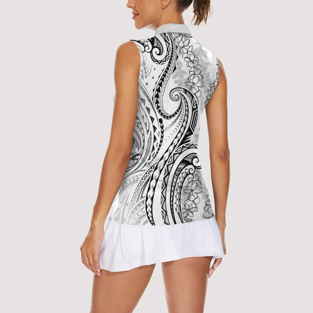 Polynesia Plumeria Lei Women Sleeveless Polo Shirt White Curves Motif