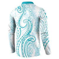 Polynesia Plumeria Lei Button Sweatshirt White Turquoise Curves Motif