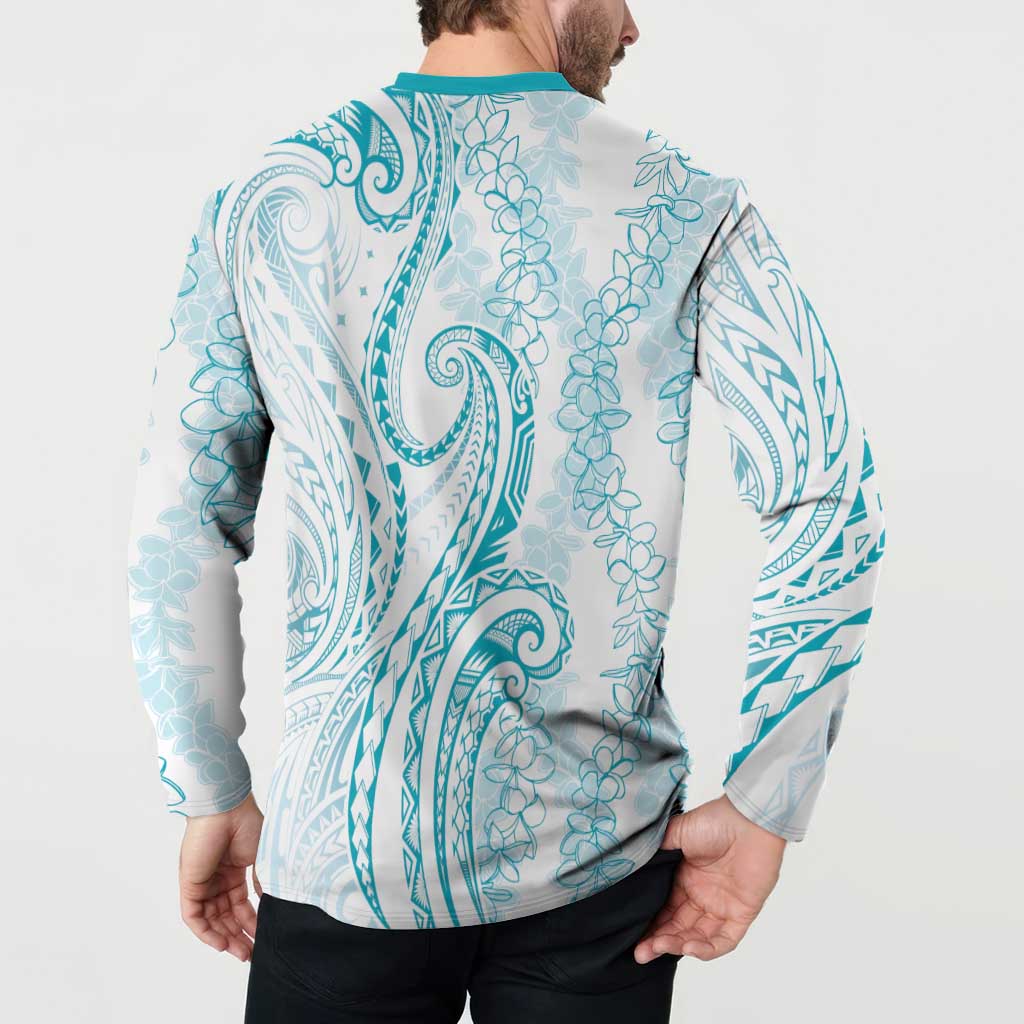 Polynesia Plumeria Lei Button Sweatshirt White Turquoise Curves Motif