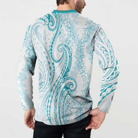 Polynesia Plumeria Lei Button Sweatshirt White Turquoise Curves Motif