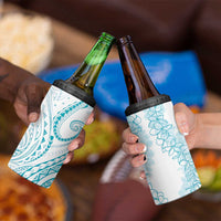 Polynesia Plumeria Lei 4 in 1 Can Cooler Tumbler White Turquoise Curves Motif