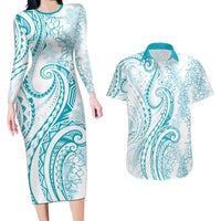 Polynesia Plumeria Lei Couples Matching Long Sleeve Bodycon Dress and Hawaiian Shirt White Turquoise Curves Motif LT7 Turquoise - Polynesian Pride