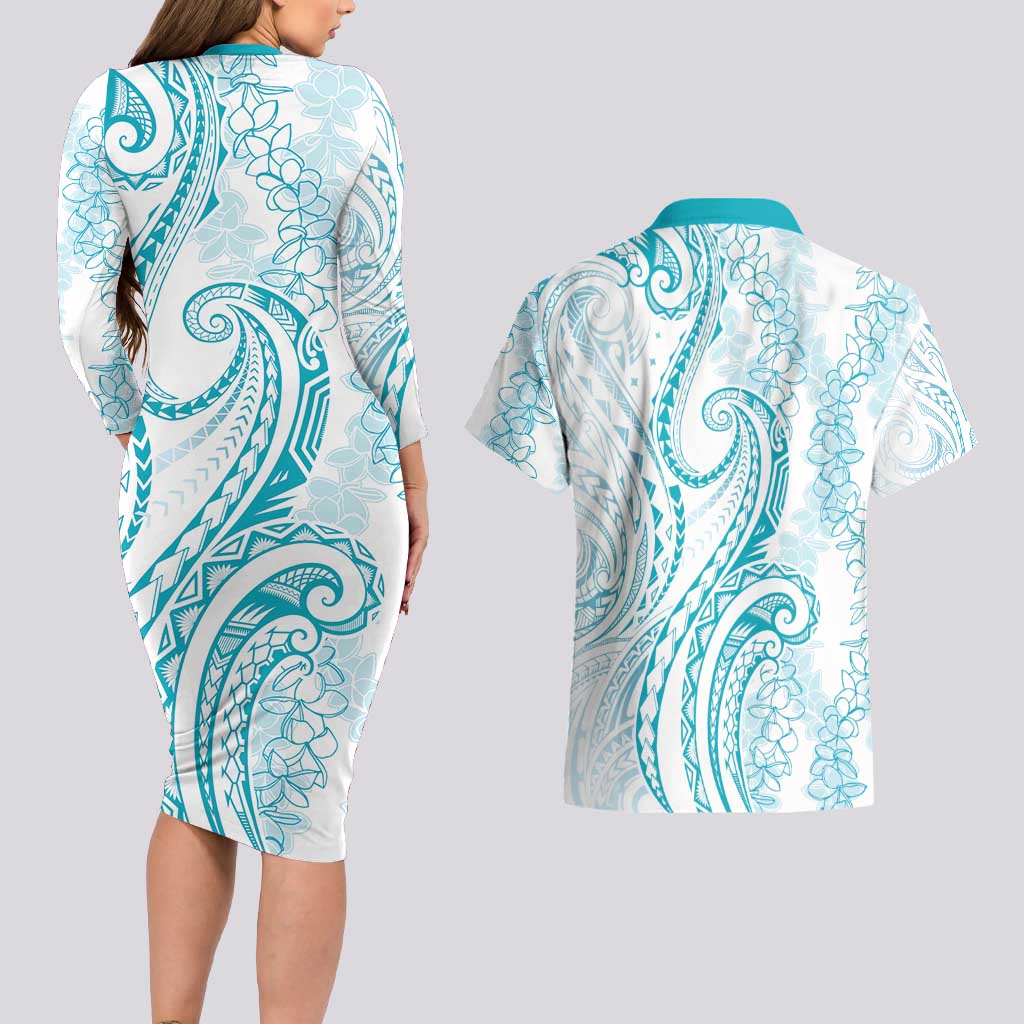 Polynesia Plumeria Lei Couples Matching Long Sleeve Bodycon Dress and Hawaiian Shirt White Turquoise Curves Motif LT7 - Polynesian Pride