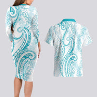 Polynesia Plumeria Lei Couples Matching Long Sleeve Bodycon Dress and Hawaiian Shirt White Turquoise Curves Motif LT7 - Polynesian Pride