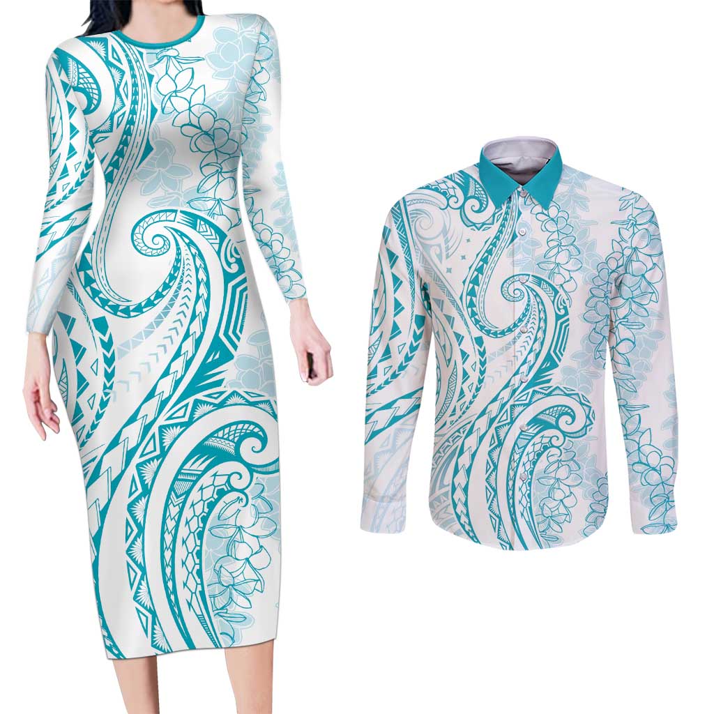 Polynesia Plumeria Lei Couples Matching Long Sleeve Bodycon Dress and Long Sleeve Button Shirt White Turquoise Curves Motif LT7 Turquoise - Polynesian Pride