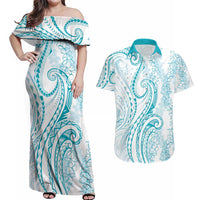 Polynesia Plumeria Lei Couples Matching Off Shoulder Maxi Dress and Hawaiian Shirt White Turquoise Curves Motif LT7 Turquoise - Polynesian Pride