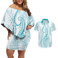 Polynesia Plumeria Lei Couples Matching Off Shoulder Short Dress and Hawaiian Shirt White Turquoise Curves Motif LT7 Turquoise - Polynesian Pride