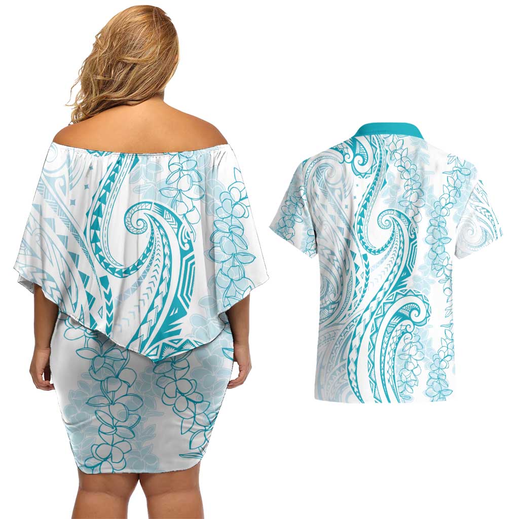 Polynesia Plumeria Lei Couples Matching Off Shoulder Short Dress and Hawaiian Shirt White Turquoise Curves Motif LT7 - Polynesian Pride