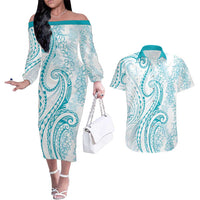 Polynesia Plumeria Lei Couples Matching Off The Shoulder Long Sleeve Dress and Hawaiian Shirt White Turquoise Curves Motif LT7 Turquoise - Polynesian Pride