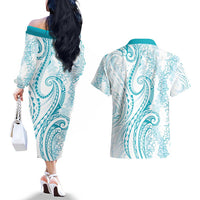 Polynesia Plumeria Lei Couples Matching Off The Shoulder Long Sleeve Dress and Hawaiian Shirt White Turquoise Curves Motif LT7 - Polynesian Pride