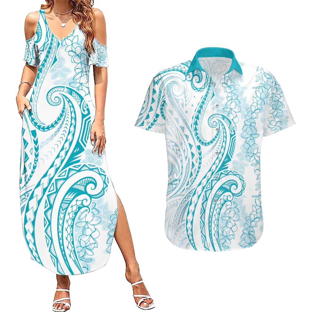 Polynesia Plumeria Lei Couples Matching Summer Maxi Dress and Hawaiian Shirt White Turquoise Curves Motif LT7 Turquoise - Polynesian Pride