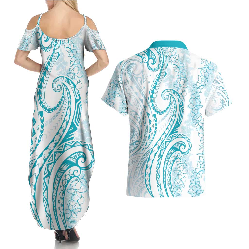 Polynesia Plumeria Lei Couples Matching Summer Maxi Dress and Hawaiian Shirt White Turquoise Curves Motif LT7 - Polynesian Pride