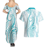 Polynesia Plumeria Lei Couples Matching Summer Maxi Dress and Hawaiian Shirt White Turquoise Curves Motif LT7 - Polynesian Pride