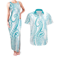 Polynesia Plumeria Lei Couples Matching Tank Maxi Dress and Hawaiian Shirt White Turquoise Curves Motif LT7 Turquoise - Polynesian Pride