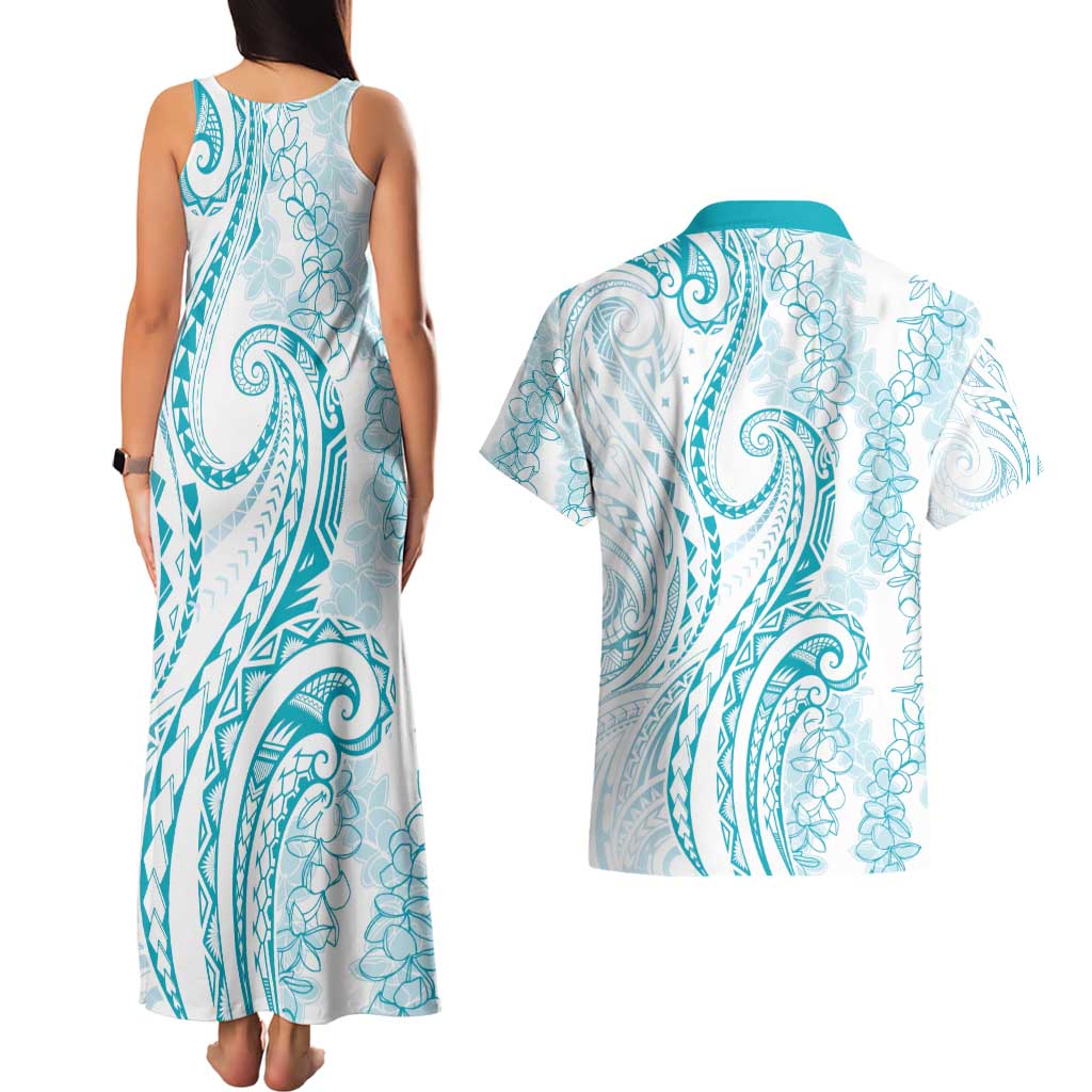 Polynesia Plumeria Lei Couples Matching Tank Maxi Dress and Hawaiian Shirt White Turquoise Curves Motif LT7 - Polynesian Pride