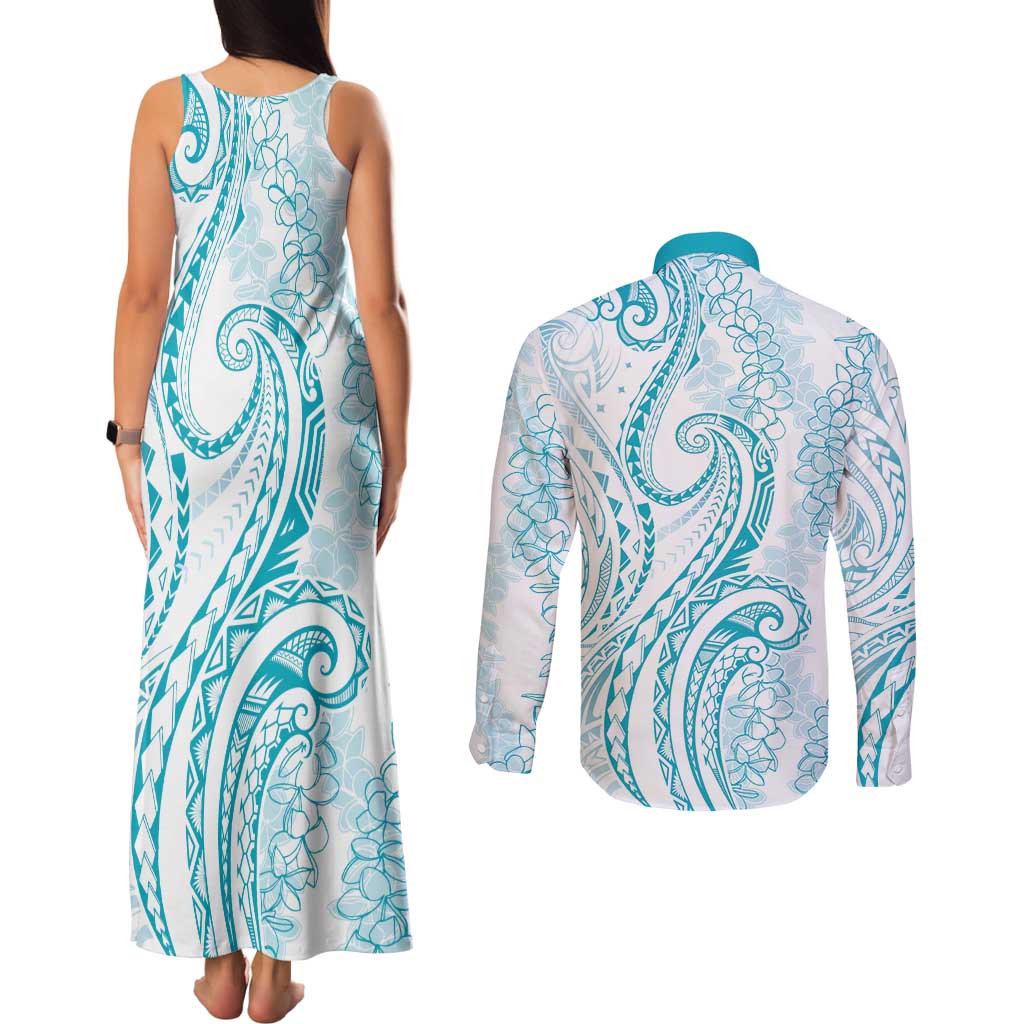 Polynesia Plumeria Lei Couples Matching Tank Maxi Dress and Long Sleeve Button Shirt White Turquoise Curves Motif