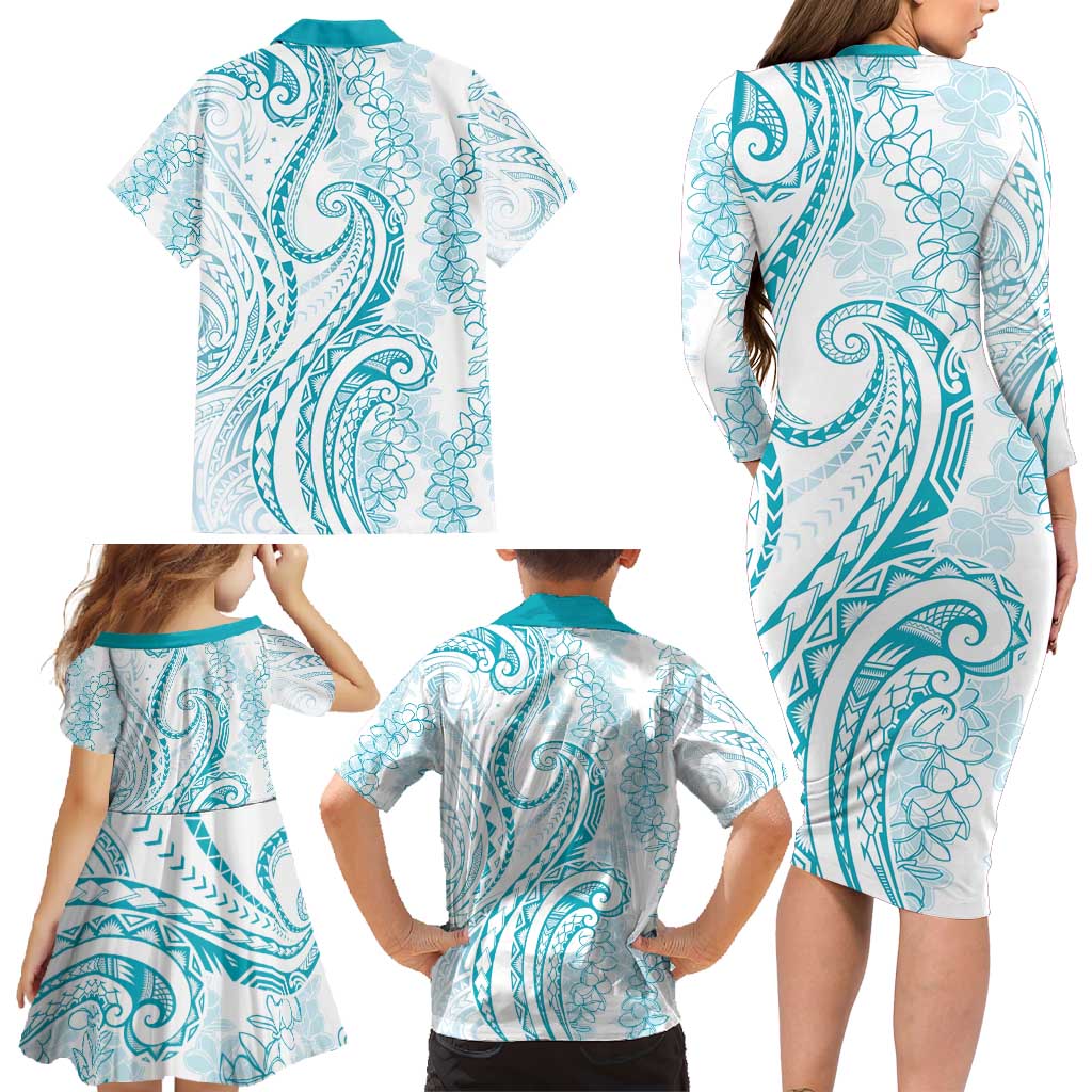 Polynesia Plumeria Lei Family Matching Long Sleeve Bodycon Dress and Hawaiian Shirt White Turquoise Curves Motif LT7 - Polynesian Pride