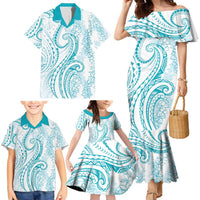 Polynesia Plumeria Lei Family Matching Mermaid Dress and Hawaiian Shirt White Turquoise Curves Motif LT7 - Polynesian Pride