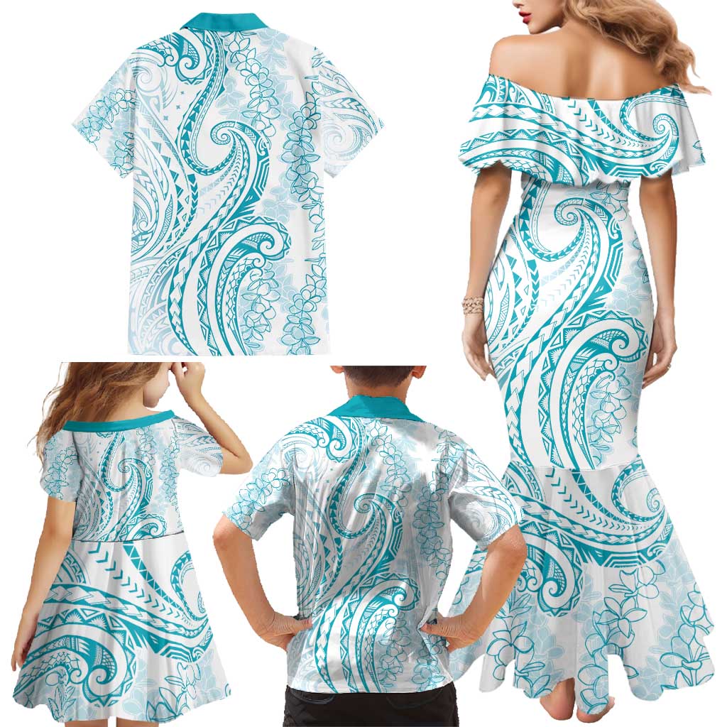 Polynesia Plumeria Lei Family Matching Mermaid Dress and Hawaiian Shirt White Turquoise Curves Motif LT7 - Polynesian Pride