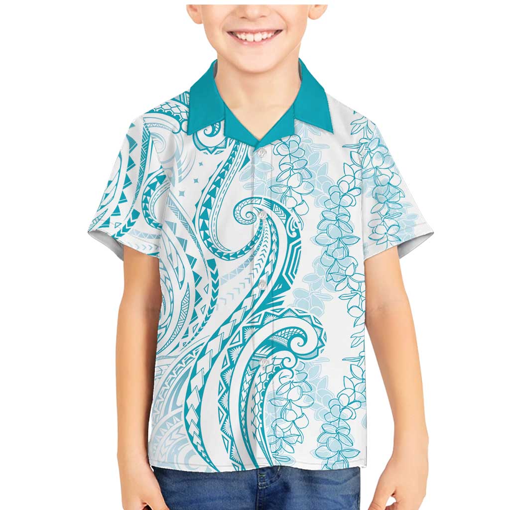 Polynesia Plumeria Lei Family Matching Mermaid Dress and Hawaiian Shirt White Turquoise Curves Motif LT7 Son's Shirt Turquoise - Polynesian Pride