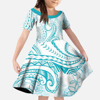 Polynesia Plumeria Lei Family Matching Off The Shoulder Long Sleeve Dress and Hawaiian Shirt White Turquoise Curves Motif LT7 Daughter's Dress Turquoise - Polynesian Pride