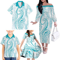 Polynesia Plumeria Lei Family Matching Off The Shoulder Long Sleeve Dress and Hawaiian Shirt White Turquoise Curves Motif LT7 - Polynesian Pride